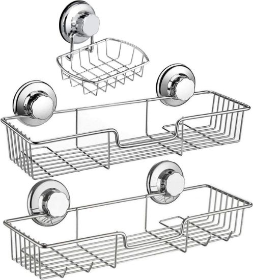 Suction Cup Shower Caddy Bath Wall Shelf + Soap Dish Holder for Large Shampoo Shower Gel Holder Bathroom Storage - Rustproof Stainless Steel